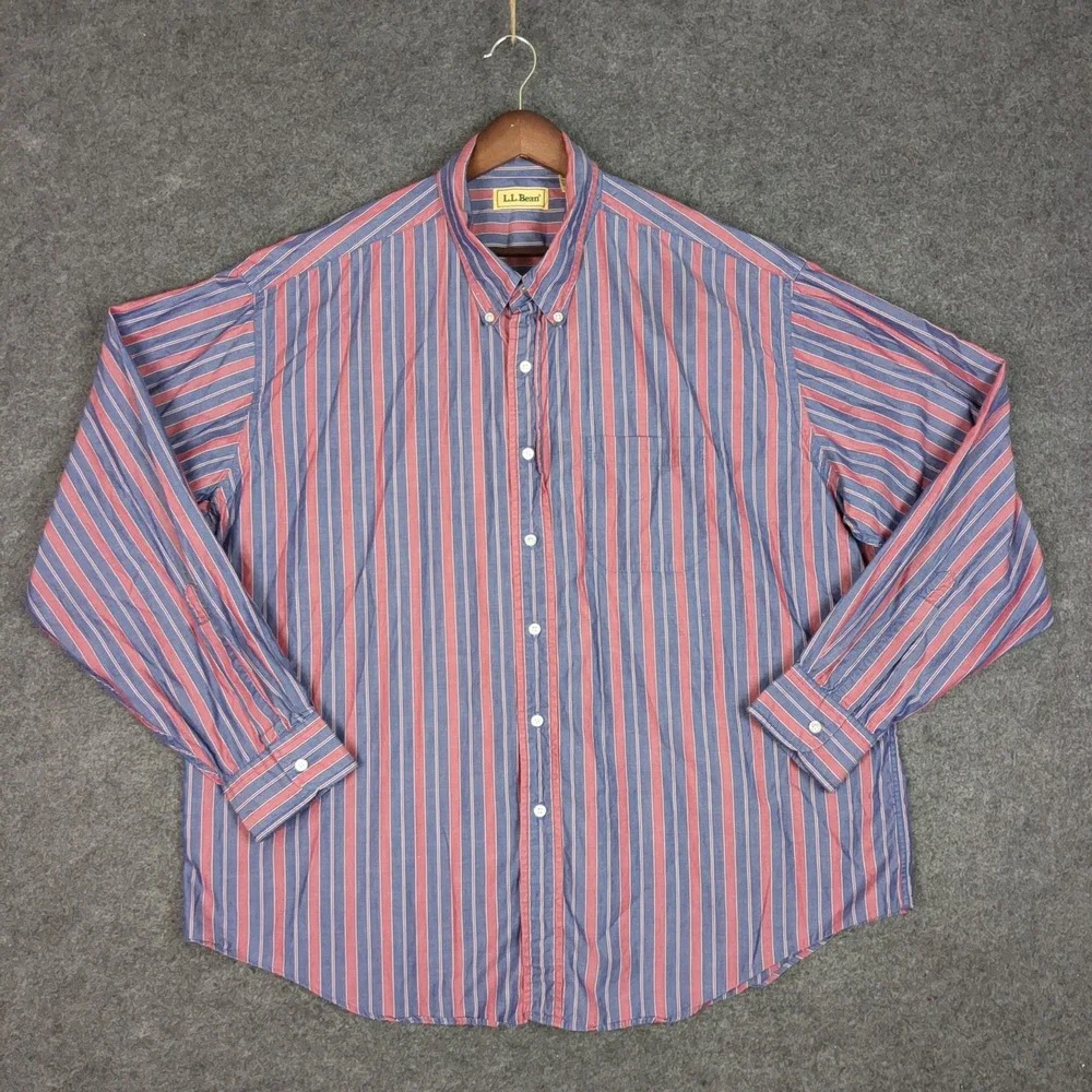 LL Bean Mens XXL Button Down Shirt Blue Red Striped Long Sleeve Regular Ext